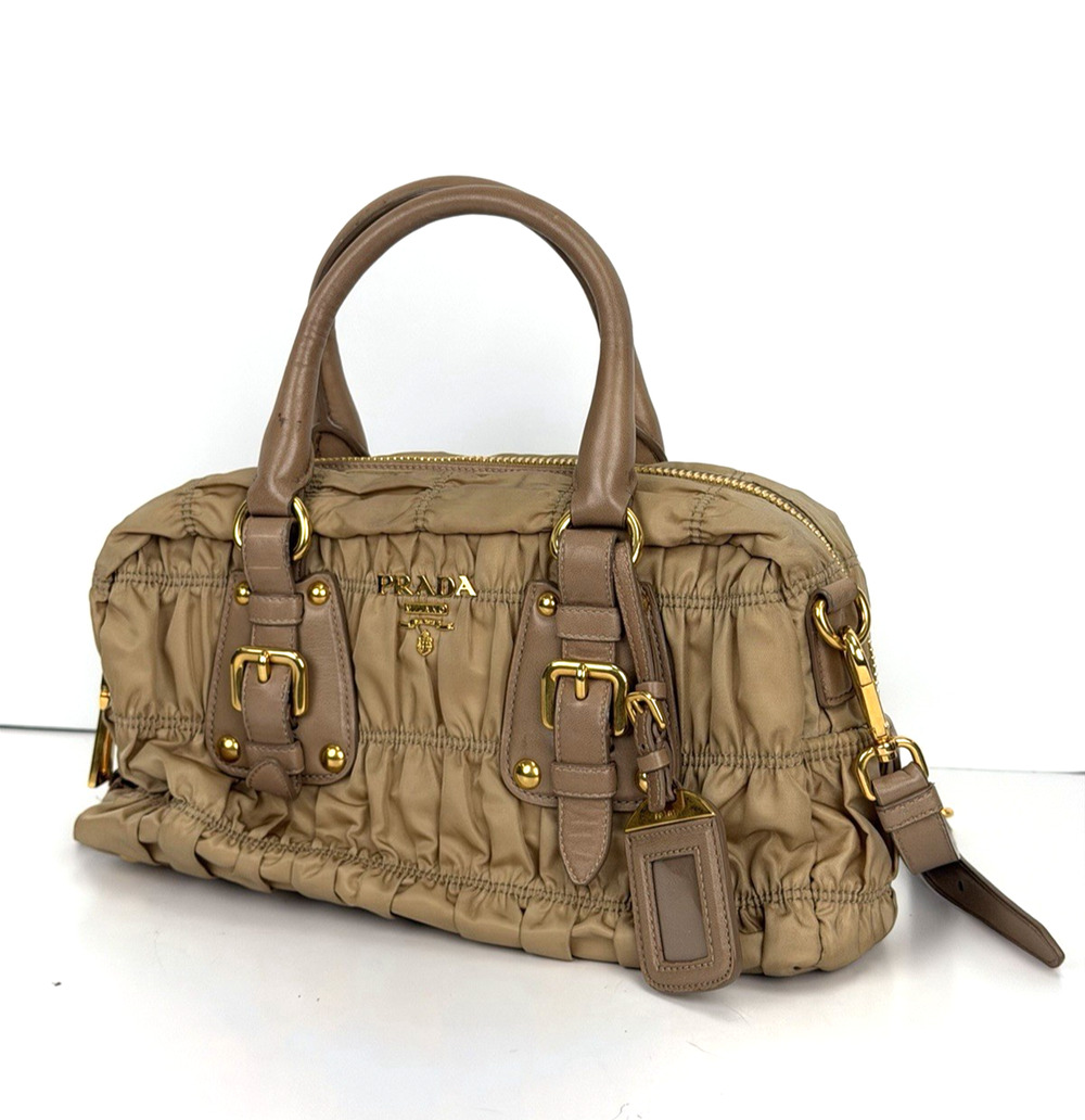 Prada Tessuto Ruched Nylon Top Handle Bag in Beige with Gold Hardware E-6